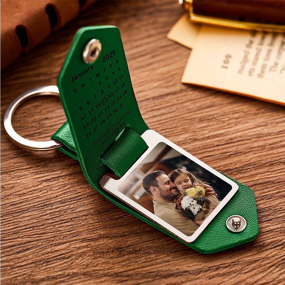 Custom Photo Leather Keychain With Text Father's Day Gift