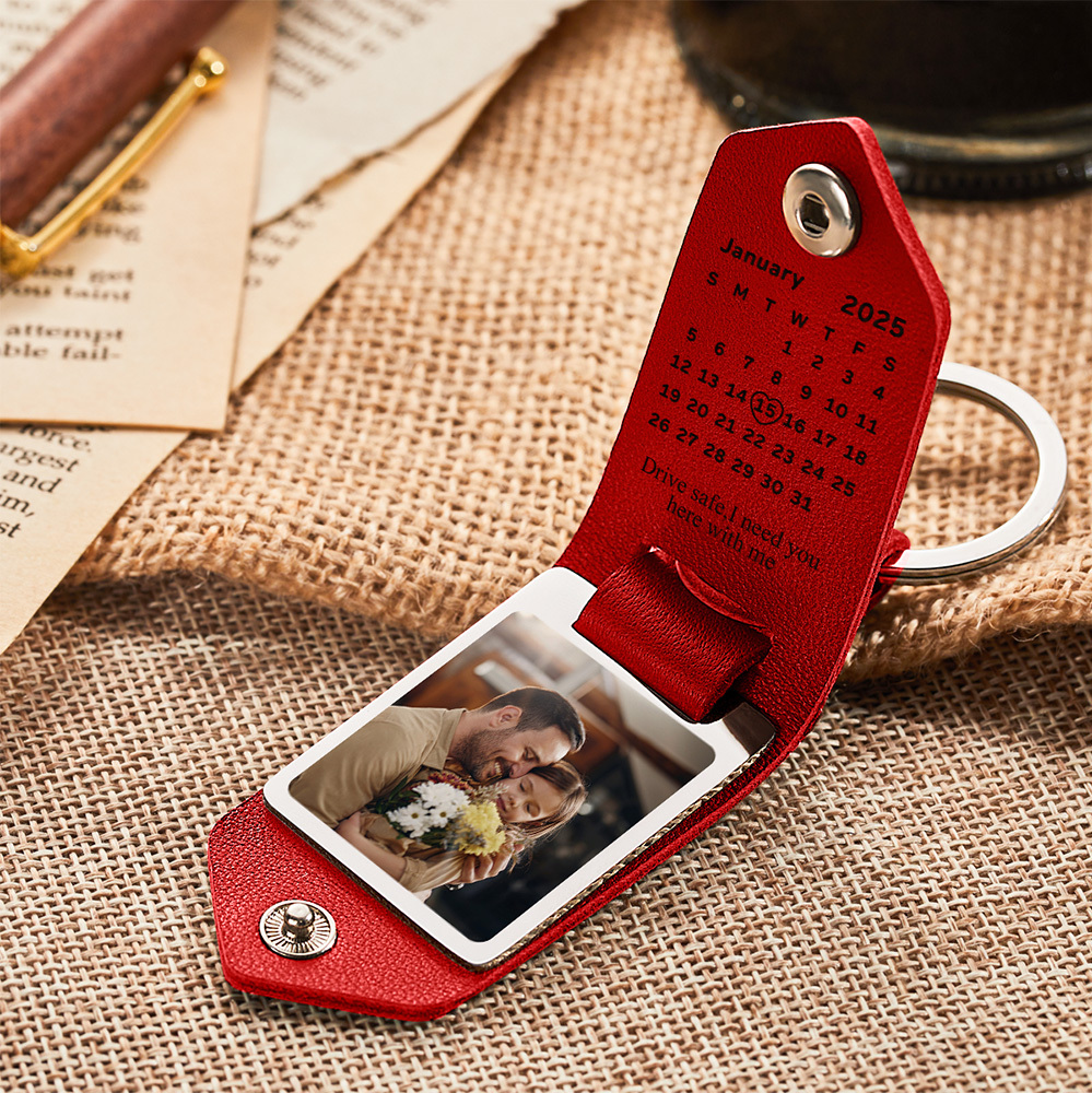 Custom Photo Leather Keychain With Text Father's Day Gift