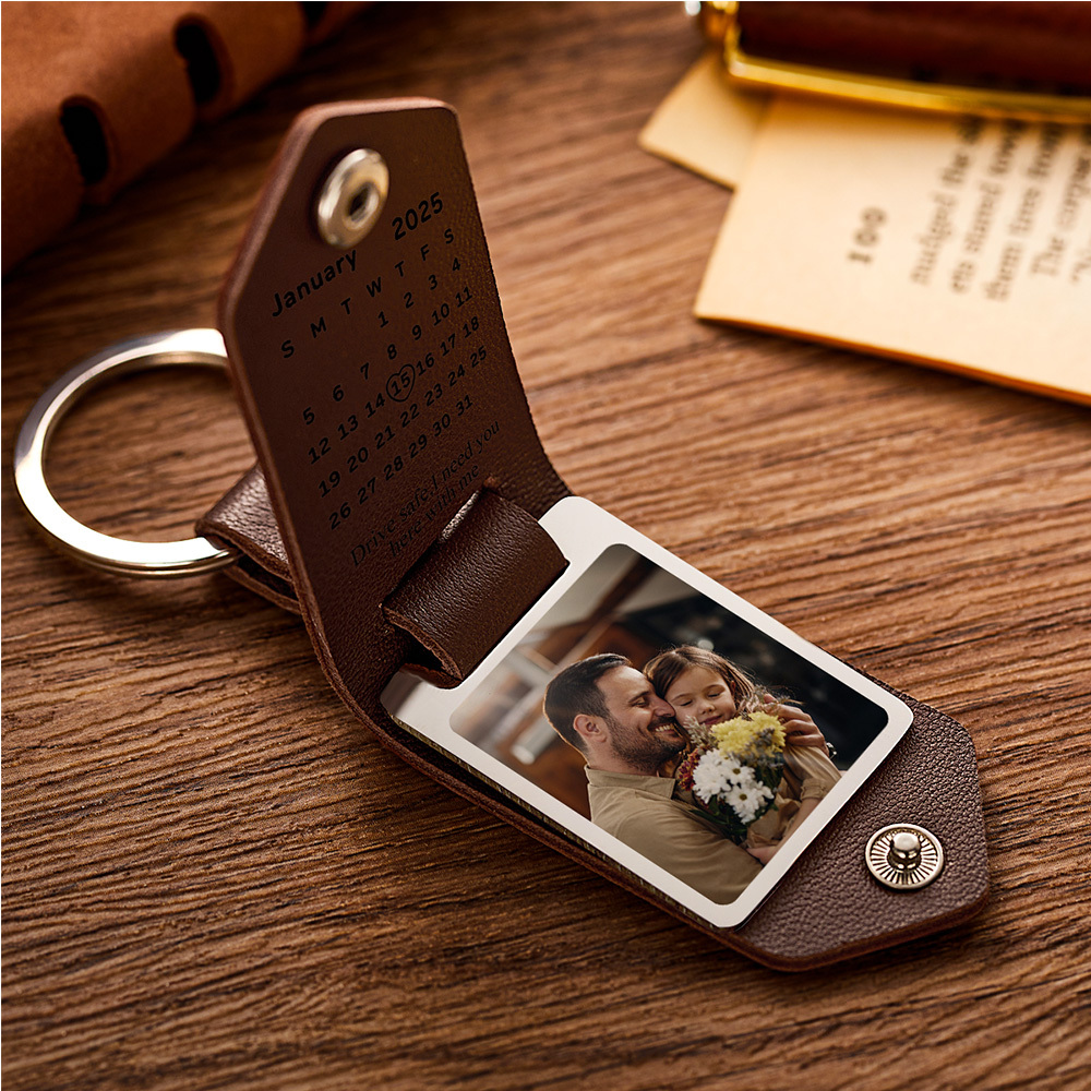 Custom Photo Leather Keychain With Text Father's Day Gift