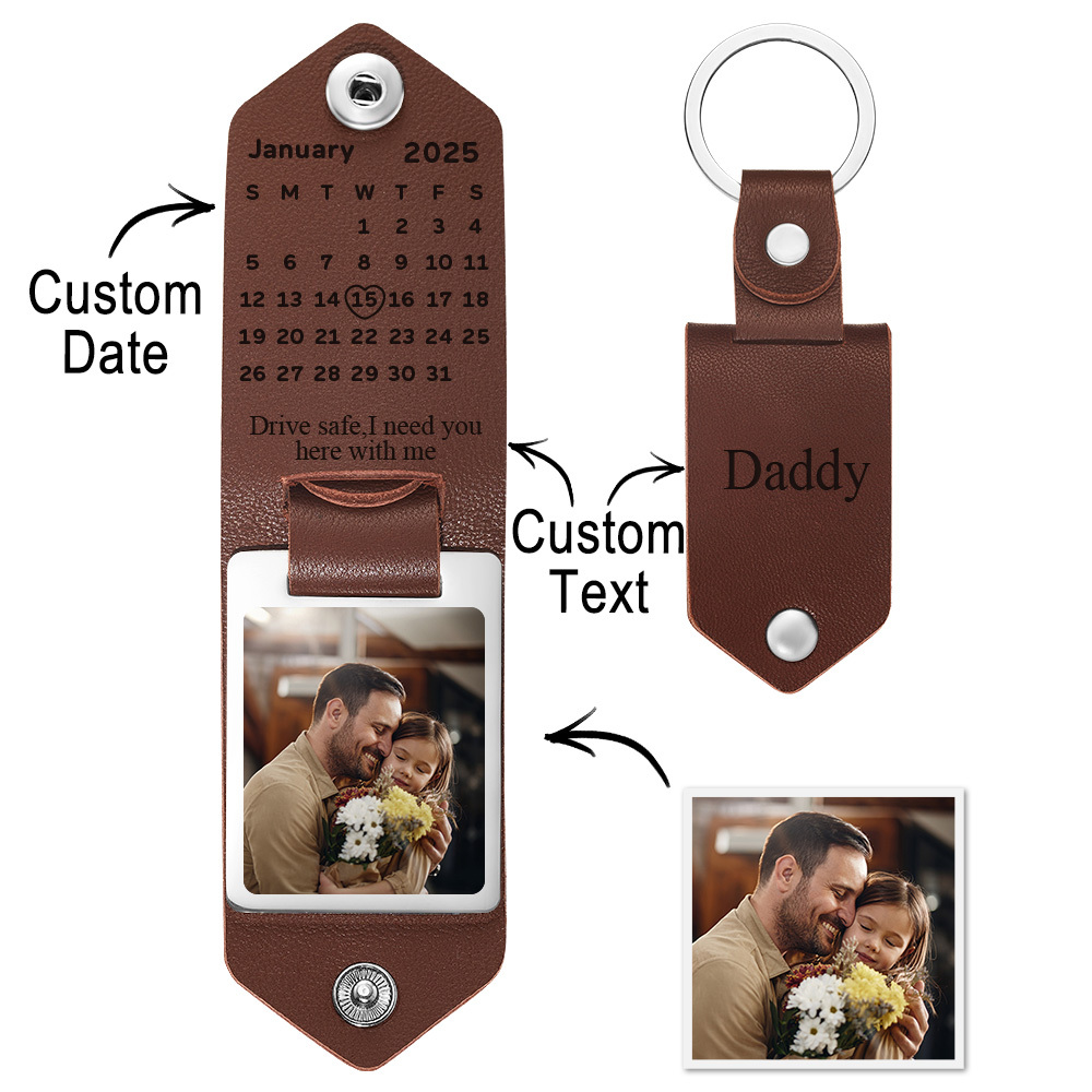 Custom Photo Leather Keychain With Text Father's Day Gift