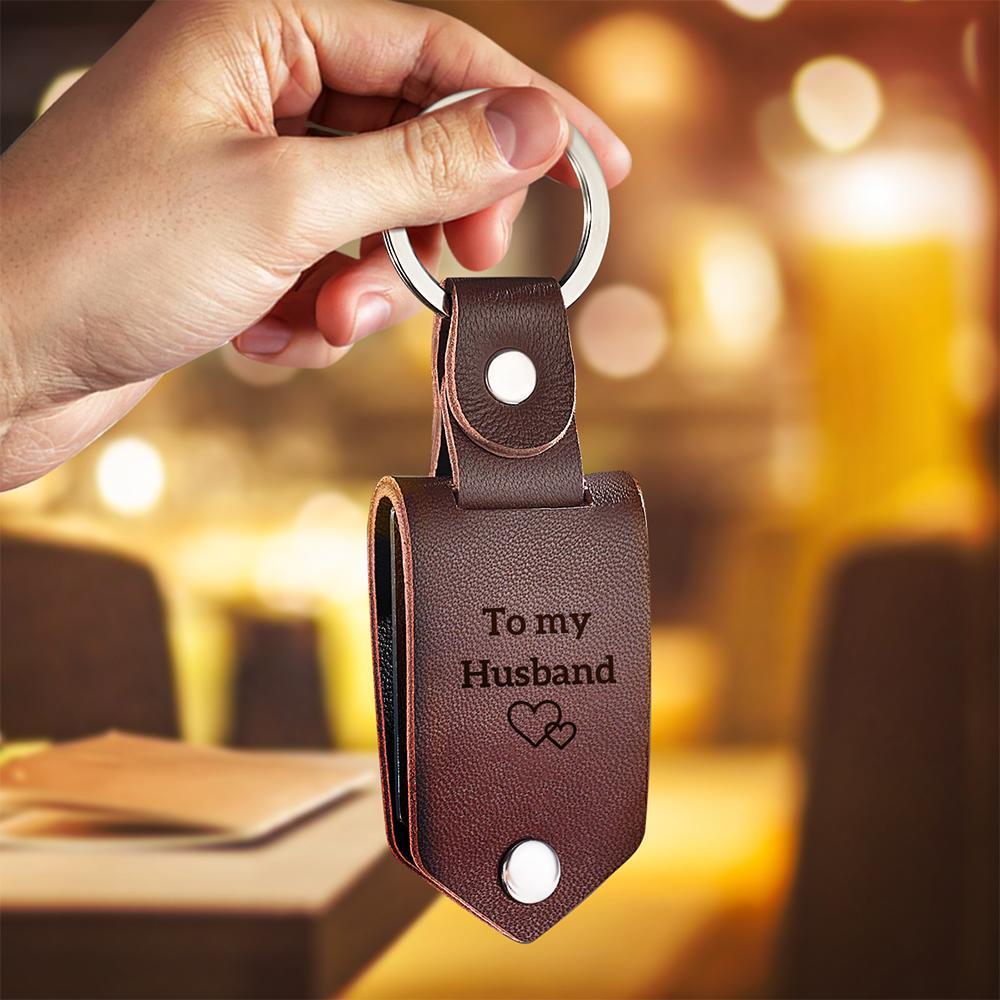 Custom Leather Photo Text Drive Safe Keychain Valentine's Day Anniversary Gift With Engraved Text For Boyfriend - CustWitAU