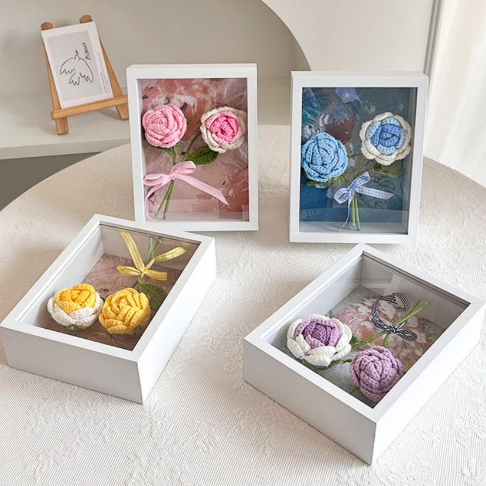 Crochet Bouquets Photo Frame Handmade Knitted Flower Shadowbox Frame Desktop Decoration - CustWitAU