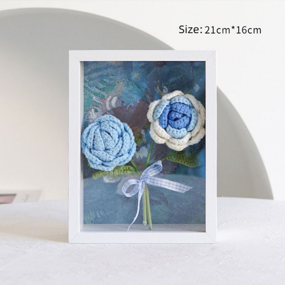Crochet Bouquets Photo Frame Handmade Knitted Flower Shadowbox Frame Desktop Decoration - CustWitAU