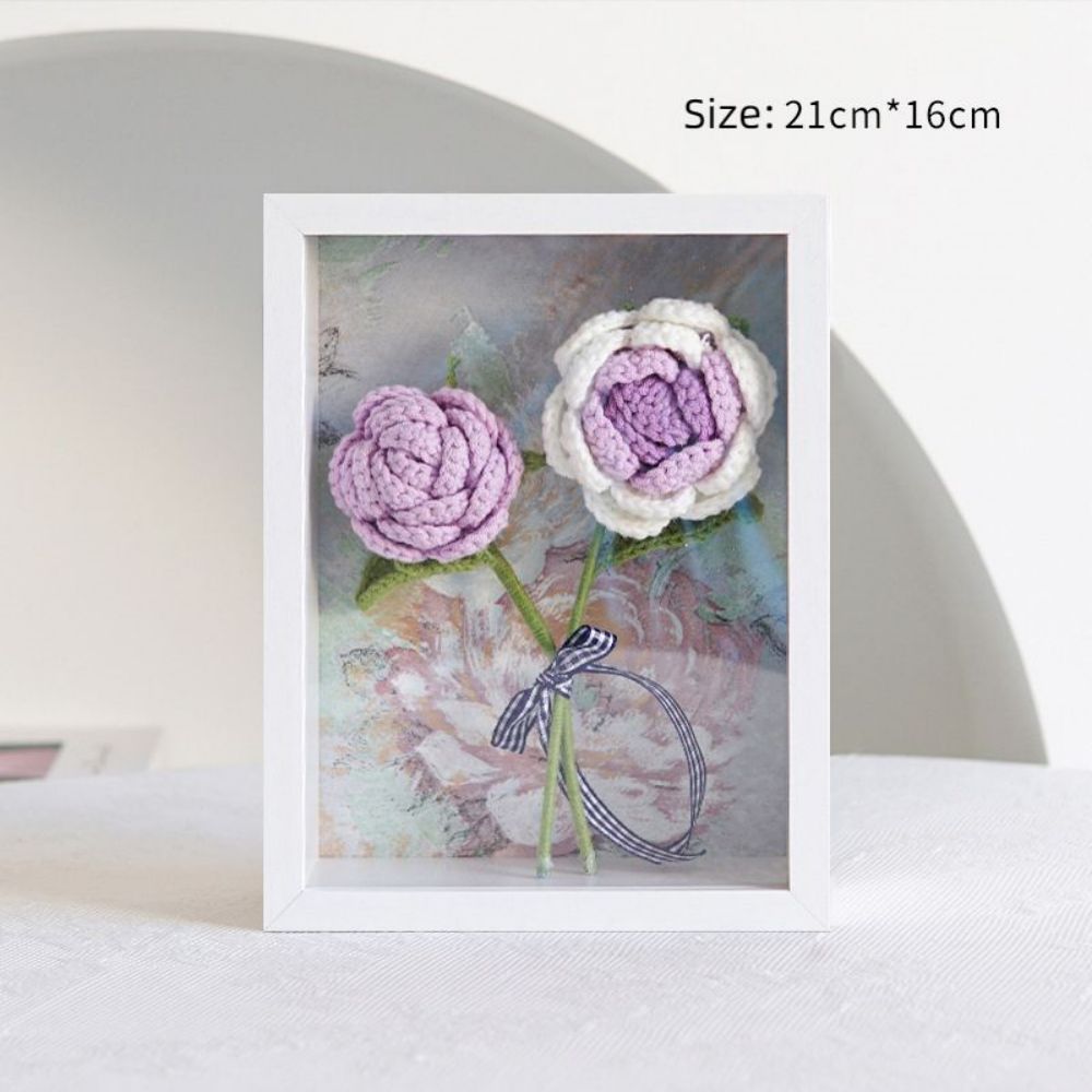 Crochet Bouquets Photo Frame Handmade Knitted Flower Shadowbox Frame Desktop Decoration - CustWitAU