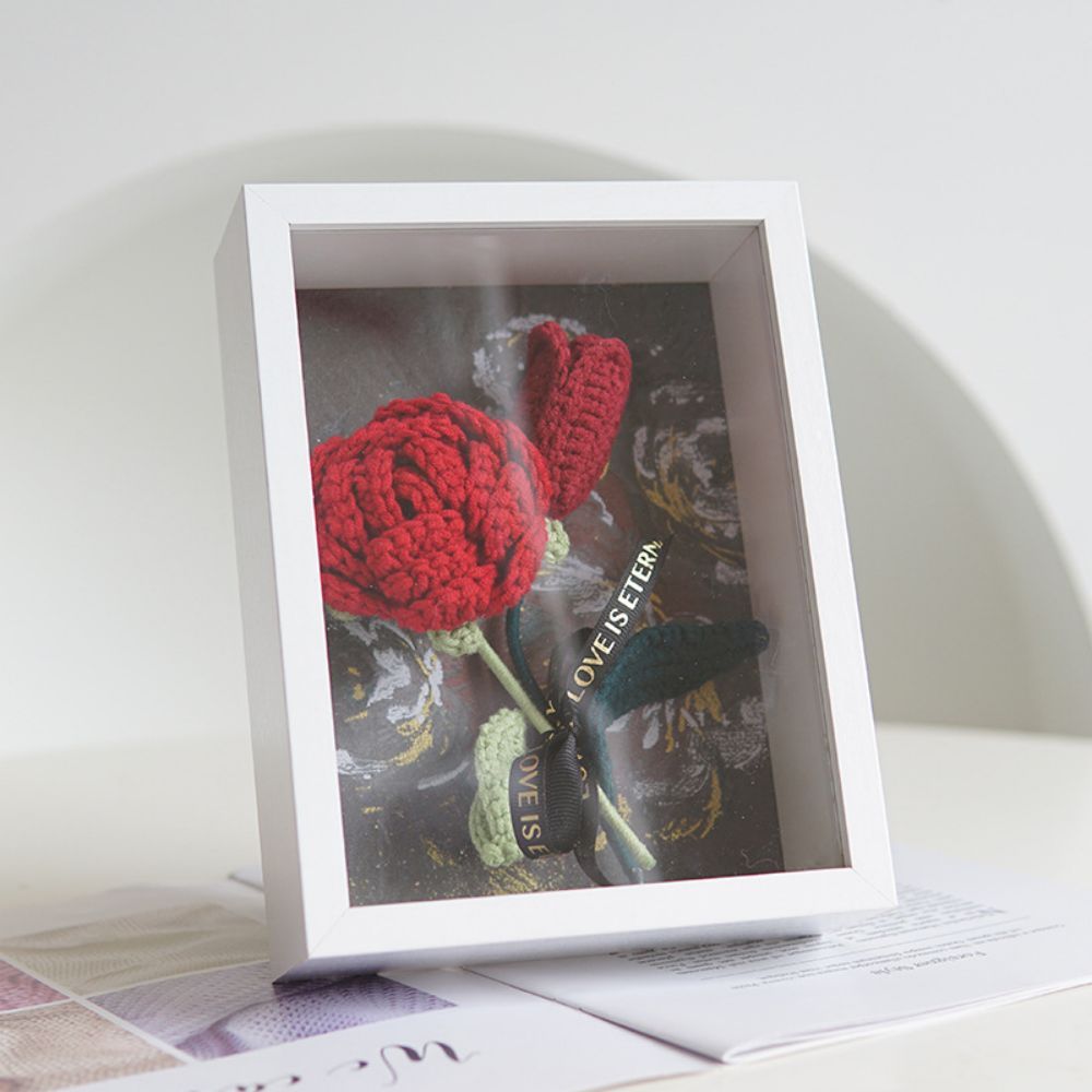 Crochet Bouquets Photo Frame Handmade Knitted Flower Shadowbox Frame Desktop Decoration - CustWitAU