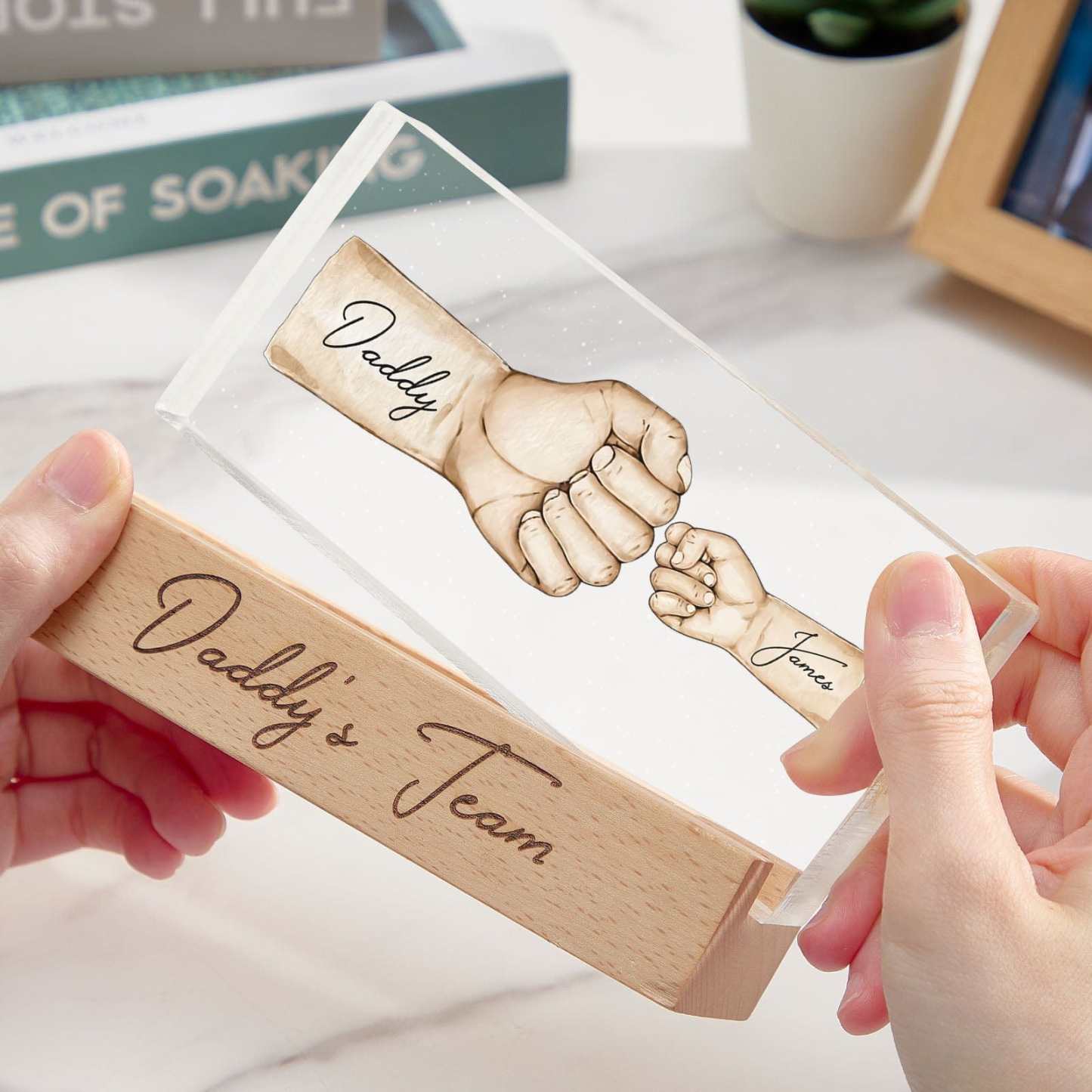 Custom Acrylic LED Night Light Personalized Daddy's Team Fist Bump Father's Day Gift For Dad - CustWitAU