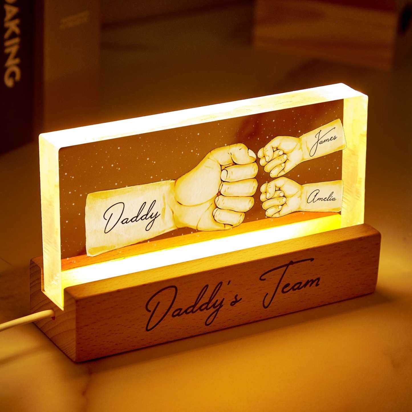Custom Acrylic LED Night Light Personalized Daddy's Team Fist Bump Father's Day Gift For Dad - CustWitAU