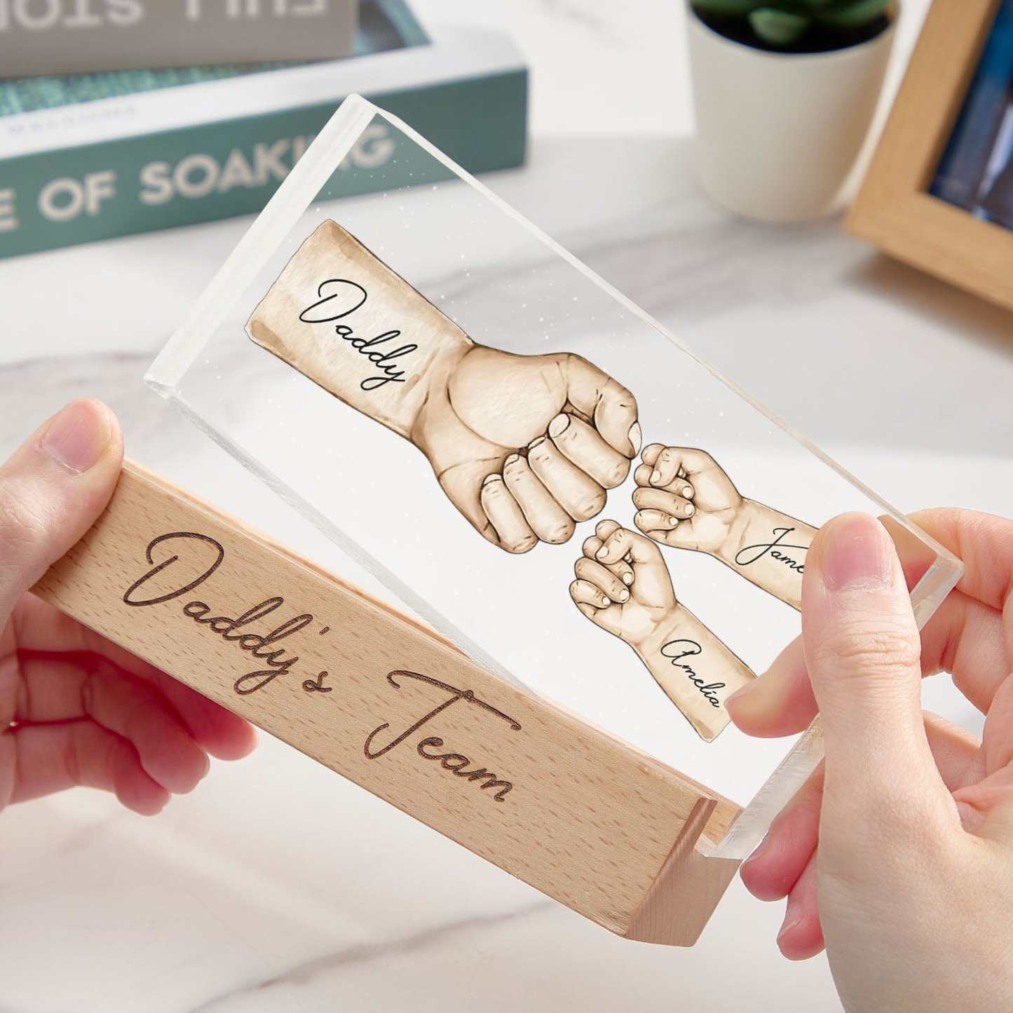 Custom Acrylic LED Night Light Personalized Daddy's Team Fist Bump Father's Day Gift For Dad - CustWitAU