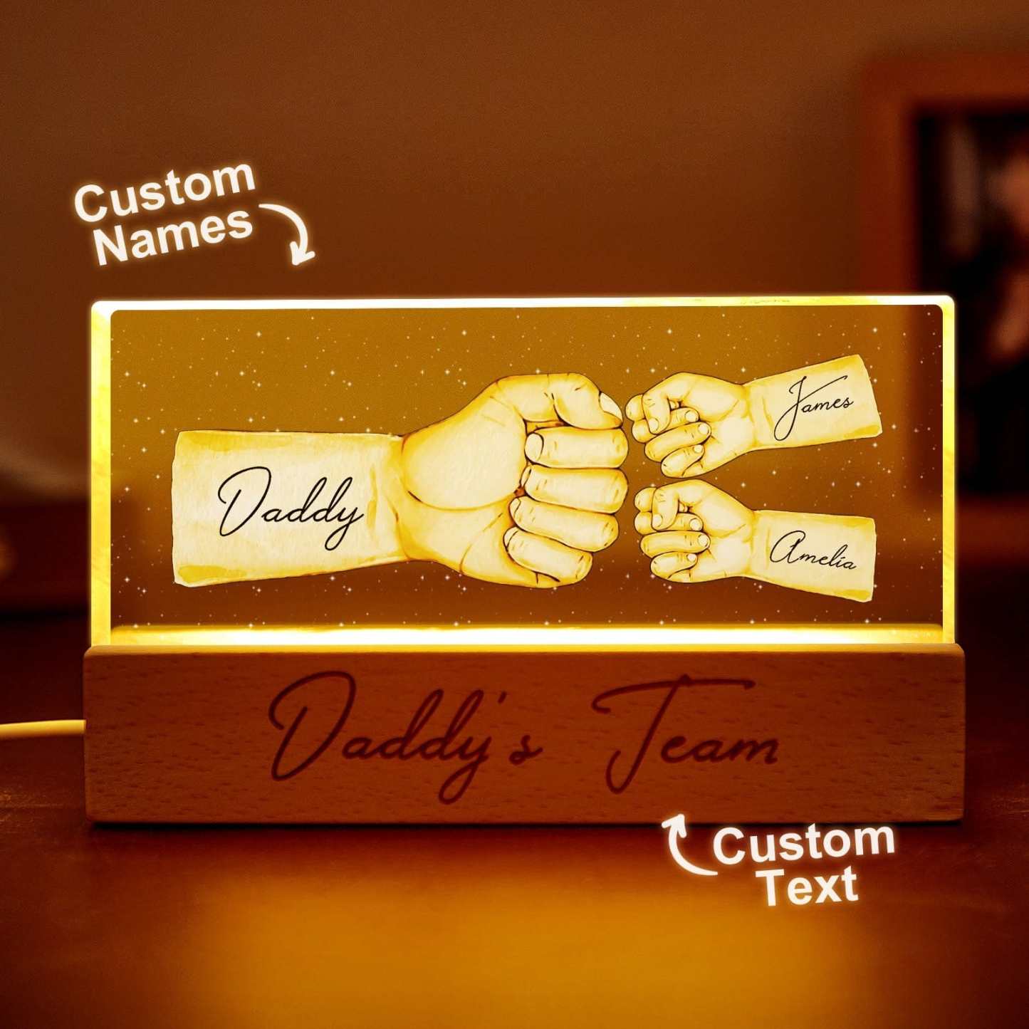 Custom Acrylic LED Night Light Personalized Daddy's Team Fist Bump Father's Day Gift For Dad - CustWitAU