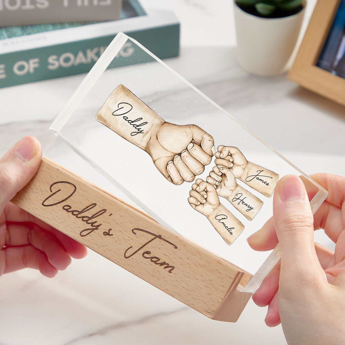 Custom Acrylic LED Night Light Personalized Daddy's Team Fist Bump Father's Day Gift For Dad - CustWitAU