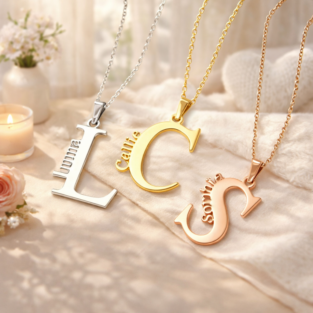 Personalized Large Initial Name Charm Necklace, Minimalist Stainless Steel Sideways Name Jewelry, Birthday/Anniversary Gift for Mom/Girlfriend/Her - CustWitAU