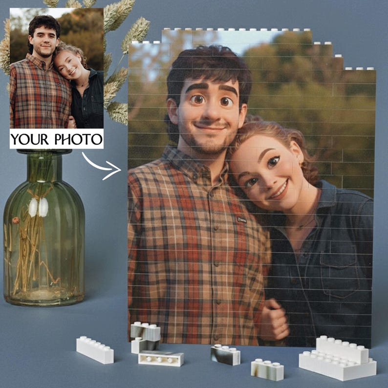 Custom Cartoon Photo Building Block Valentine's Day Gift for Couple Lovers