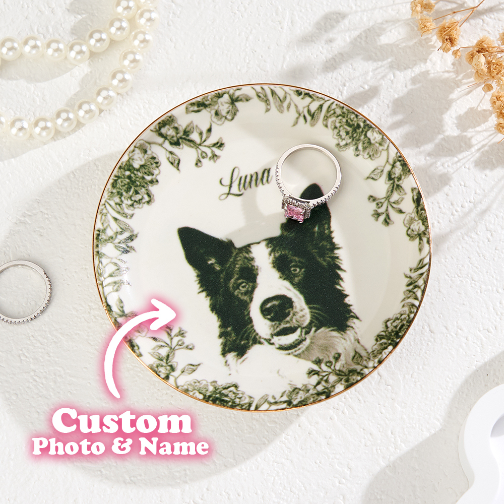Custom Pet Portrait Jewelry Dish – Toile De Jouy Ceramic Trinket Dish, Personalized Gift for Pet Lovers