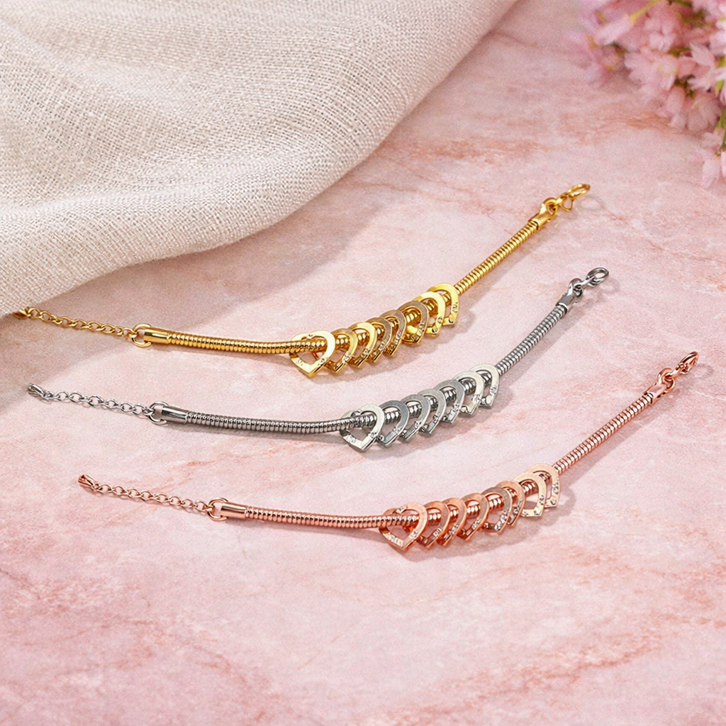 Personalized Dainty Heart Charm Bracelet with 1-12 Engraved Names Family Jewelry Mother's Day Birthday Gift for Mom Grandma - CustWitAU