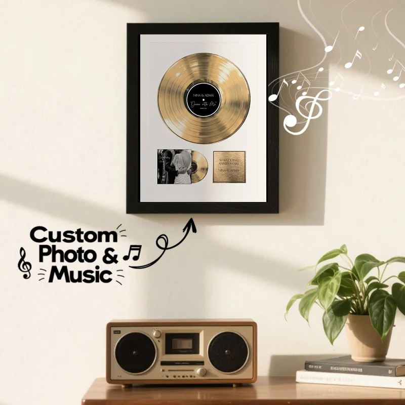 Personalized Golden Record Style Music Decor, Custom Music Photo Name, Custom Photo Music Plaque, Personalized Song Plaque, Click to Play No Phone Needed for Loved Ones - CustWitAU