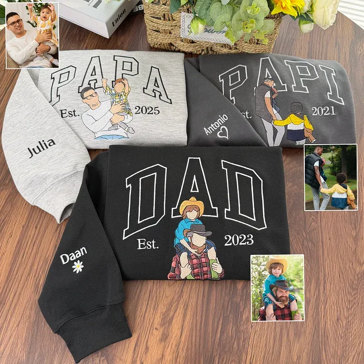 Custom Embroidered Dad Sweatshirt with Photo Personalized Father Gift Custom Portrait Hoodie T-shirt Gift for Dad