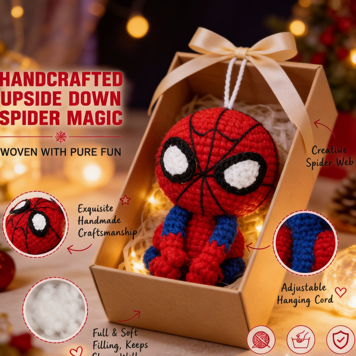 Handmade Crochet Web-Slinging Hero Car Mirror Charm – Adjustable Hanging Red & Blue Hero Plush with Spidey Web Accessory, Car Interior Decoration Bag Charm - CustWitAU