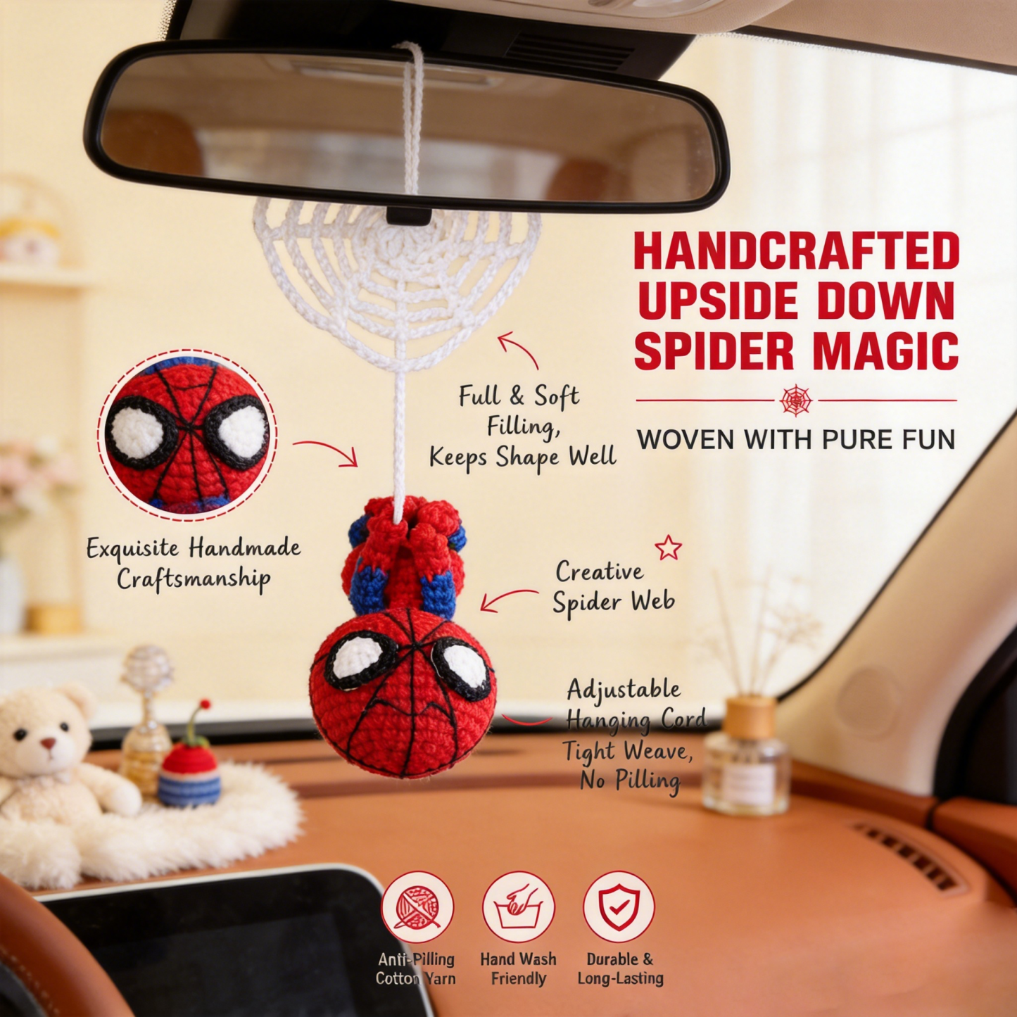 Handmade Crochet Web-Slinging Hero Car Mirror Charm – Adjustable Hanging Red & Blue Hero Plush with Spidey Web Accessory, Car Interior Decoration Bag Charm - CustWitAU