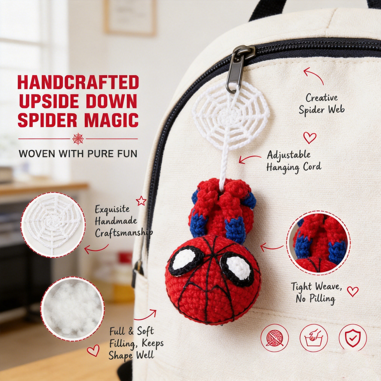 Handmade Crochet Web-Slinging Hero Car Mirror Charm – Adjustable Hanging Red & Blue Hero Plush with Spidey Web Accessory, Car Interior Decoration Bag Charm - CustWitAU