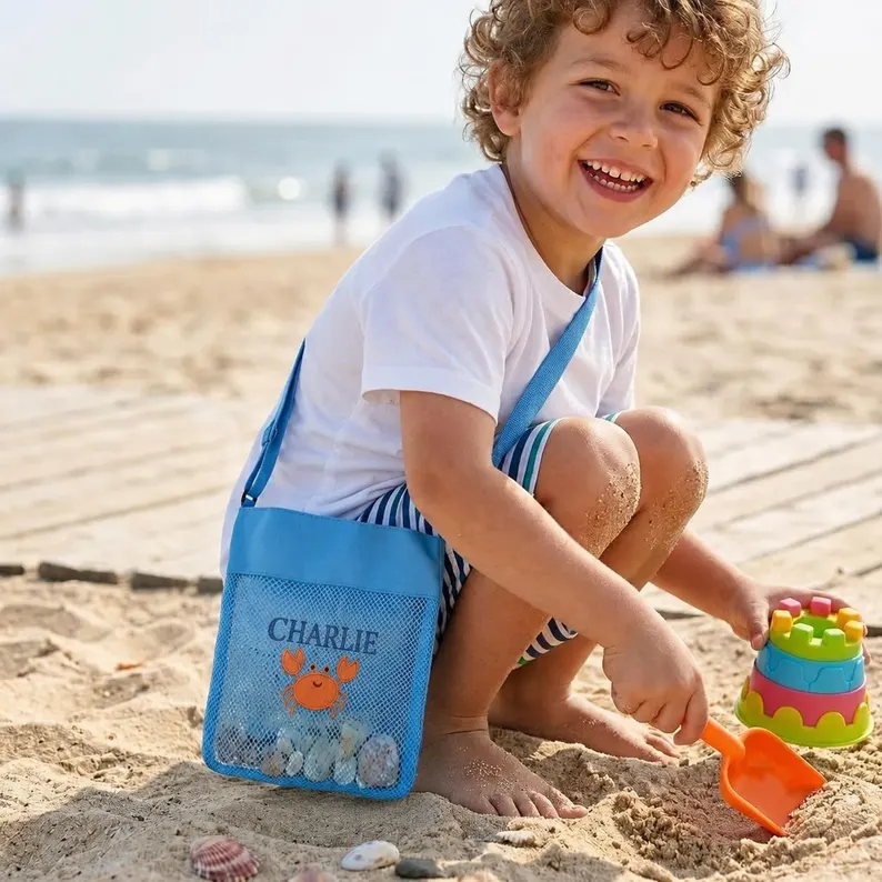 Personalized Embroidered Mesh Beach Bag, Custom Name Shell Collection Tote for Kids, Summer Vacation Birthday Gift,Pool Bag,gift for kid