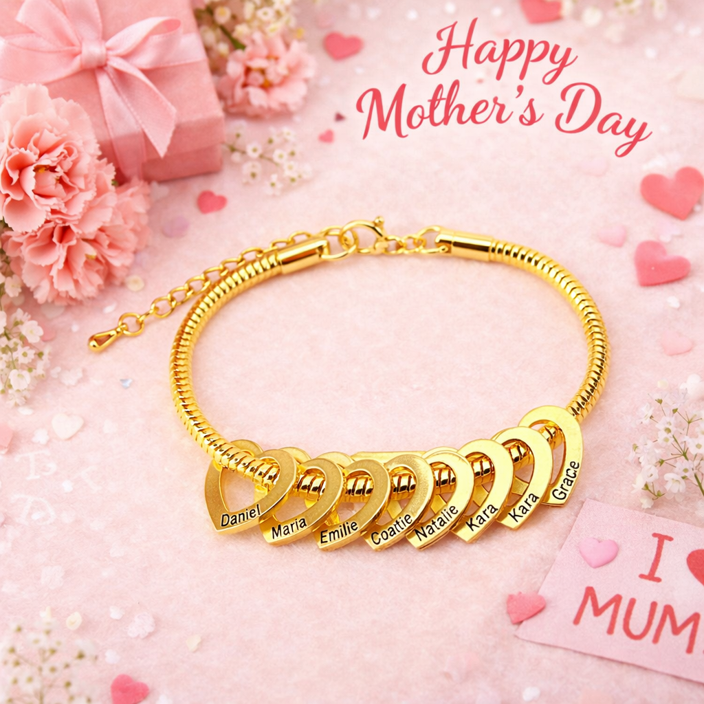 Personalized Dainty Heart Charm Bracelet with 1-12 Engraved Names Family Jewelry Mother's Day Birthday Gift for Mom Grandma