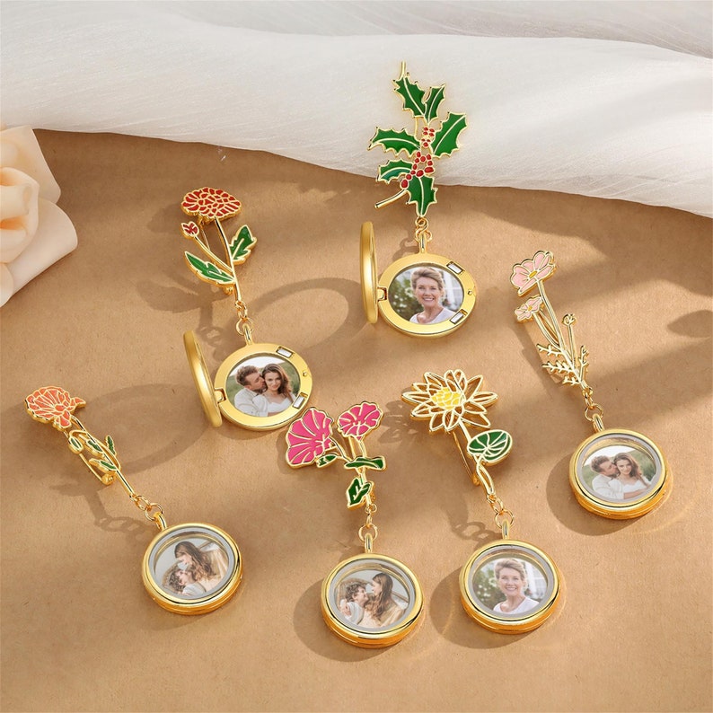 Custom Photo Brooch, Personalized Birth Flower Pin with Photo, Pins For Women Mum Mom Mother's Gift