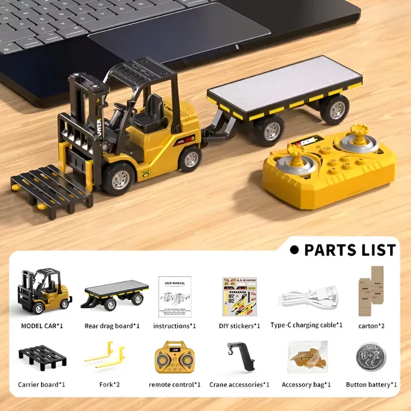 1:64 Bluetooth Desktop Mini Alloy RC Construction Model Toy Set - Forklift, Crane (with Pallet), Dump Truck, and Excavator