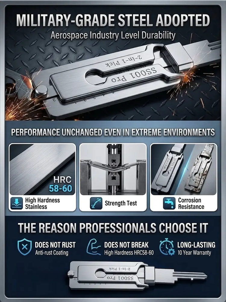 Military-grade stainless steel lock picking tools; open all locks in 30 seconds, no need to hire a professional, durable for 30 years without rust, 10-year warranty.
