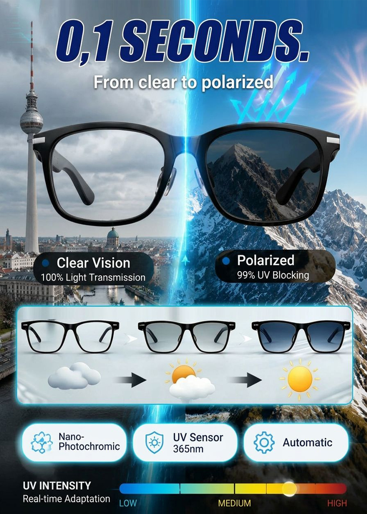 Titanium AI Smart Glasses 4K Ultra-HD Adaptive Autofokus, Photochromic UV400 & AR Navigation