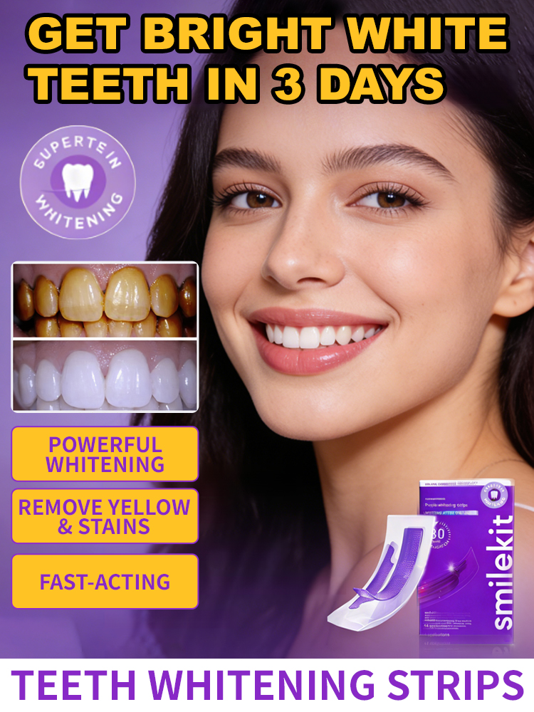 Purple teeth whitening strips, effectively whitens teeth in 3 days with light-based whitening technology, medical-grade cold light whitening, powerfully removes tea, tobacco, and coffee stains.