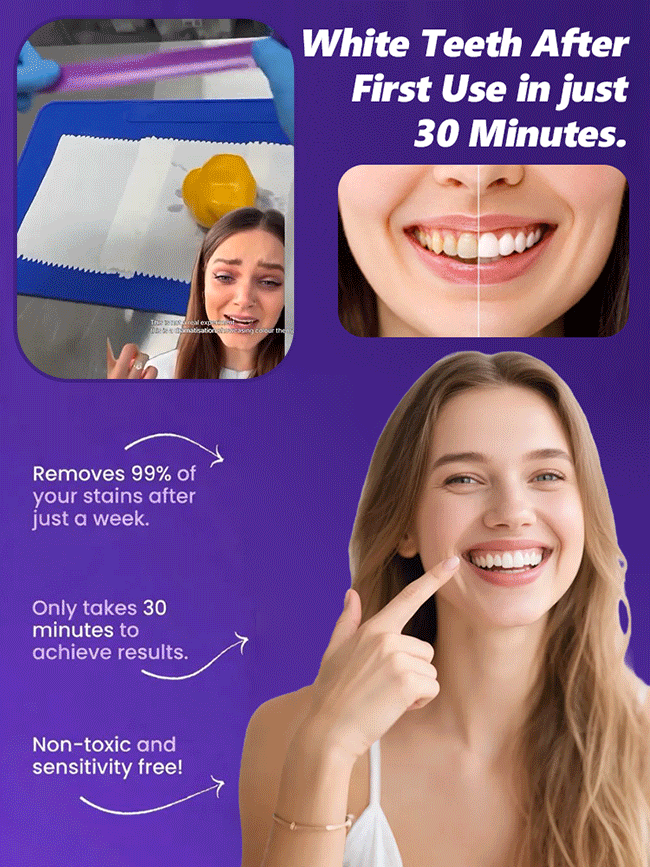 American dentists have developed second-generation purple-toned teeth whitening strips that whiten teeth in 30 minutes, remove 99% of stains in 7 days, are free of hydrogen peroxide and cause zero sensitivity, and are enamel-friendly.