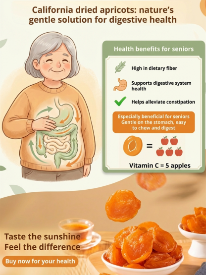 Seedless golden apricots from California's Central Valley are a pure, natural, healthy, and organic food, rich in nutrients and offering 13 major health benefits. The flesh is thick and has a sweet and sour taste.