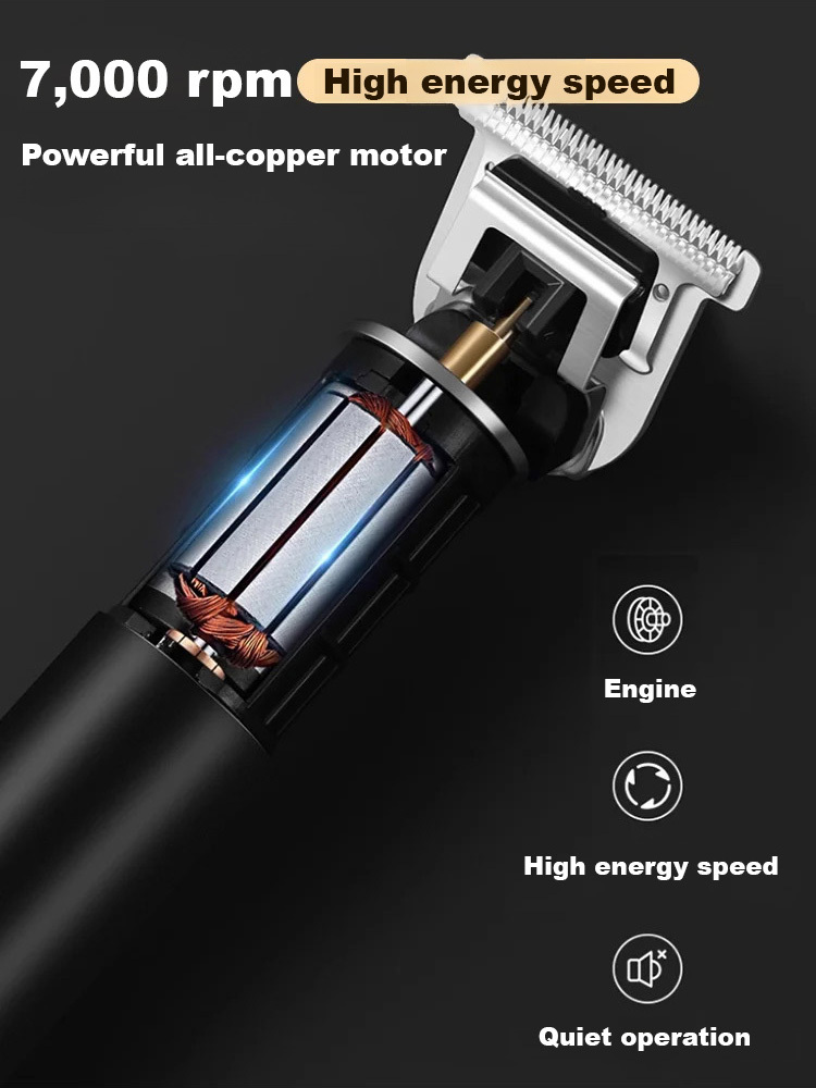 【Electric Sculpting Hair Clipper】 Sharp, snag-free stainless steel T-shaped blades, 55dB quiet and scalp-friendly, with four tooth types for precise scissor cuts and notches. 2-hour fast charge for 120 minutes of battery life, and removable, washable head