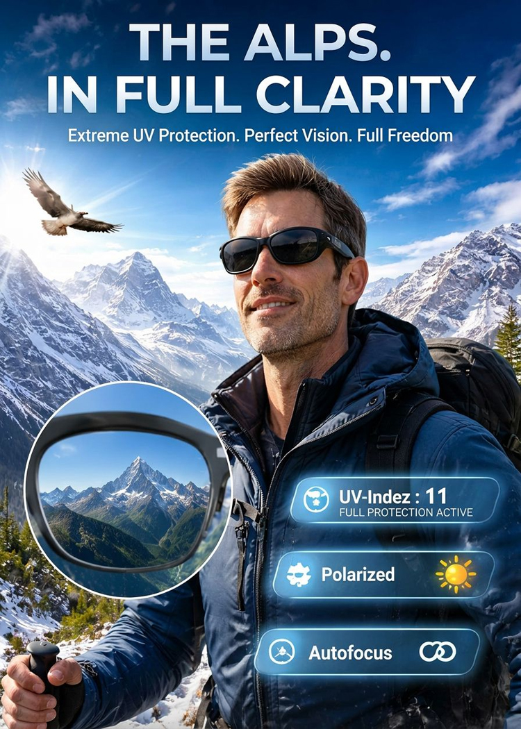 Titanium AI Smart Glasses 4K Ultra-HD Adaptive Autofokus, Photochromic UV400 & AR Navigation