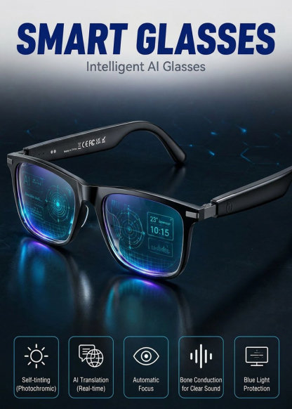 Titanium AI Smart Glasses 4K Ultra-HD Adaptive Autofokus, Photochromic UV400 & AR Navigation