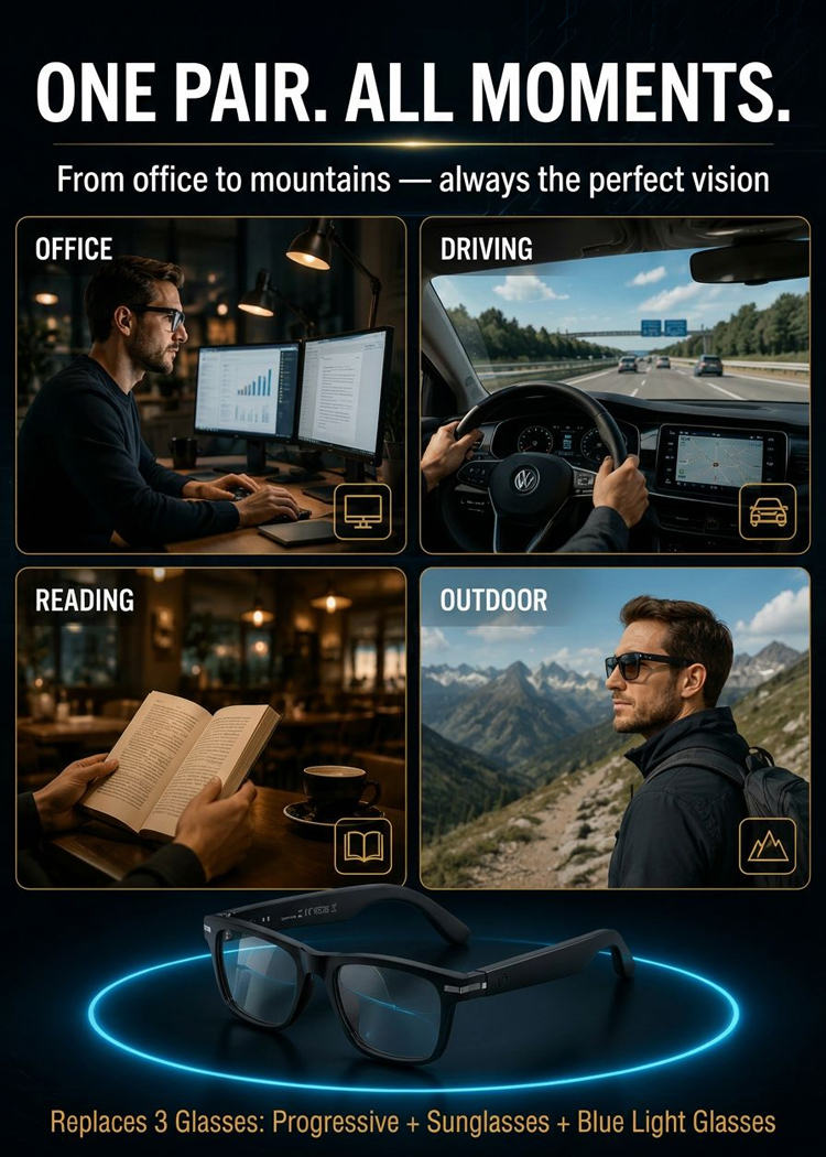 Titanium AI Smart Glasses 4K Ultra-HD Adaptive Autofokus, Photochromic UV400 & AR Navigation