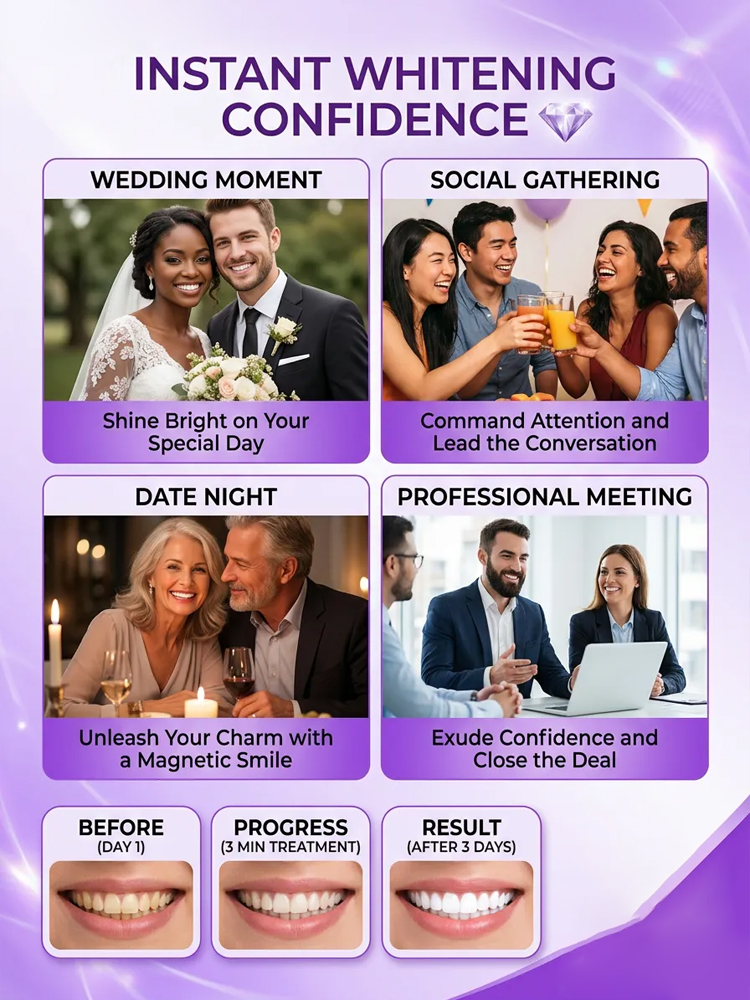 Purple teeth whitening strips, effectively whitens teeth in 3 days with light-based whitening technology, medical-grade cold light whitening, powerfully removes tea, tobacco, and coffee stains.