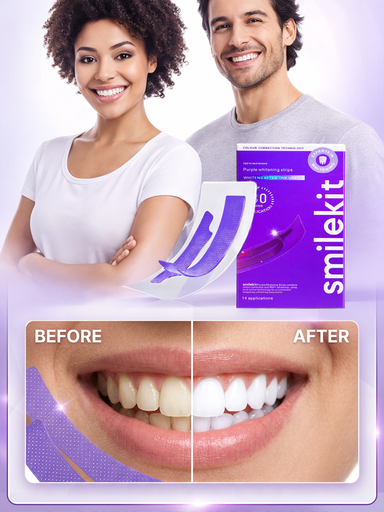 Purple teeth whitening strips, effectively whitens teeth in 3 days with light-based whitening technology, medical-grade cold light whitening, powerfully removes tea, tobacco, and coffee stains.