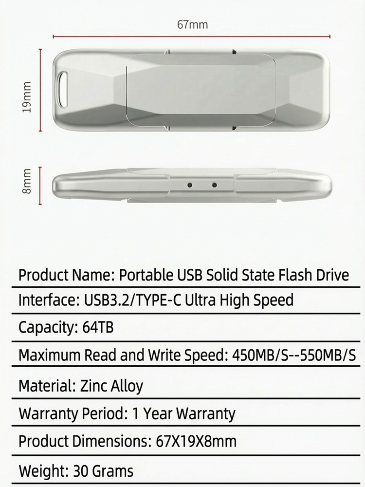 ⚡64TB Ultra-High-Speed ​​High-Capacity Portable Solid State Drive✅USB 3.2 + Type-C Dual Interfaces📱Compatible with Multiple Devices and Systems⚡4K Video Transfer Speeds Up to 550MB/s, German Imported Zinc Alloy Shell, Waterproof and Shockproof
