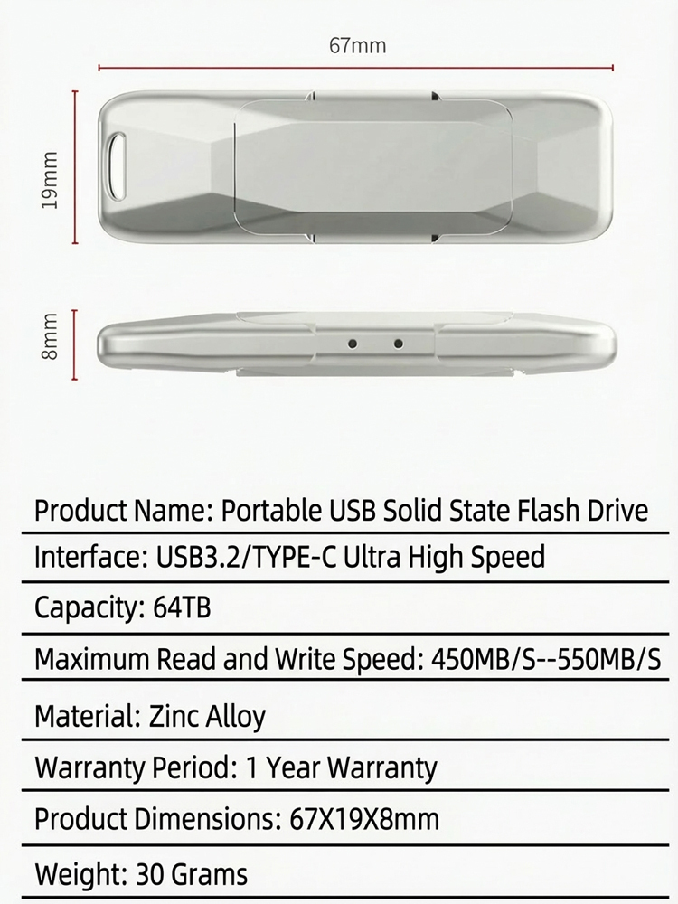 ⚡64TB Ultra-High-Speed ​​High-Capacity Portable Solid State Drive✅USB 3.2 + Type-C Dual Interfaces📱Compatible with Multiple Devices and Systems⚡4K Video Transfer Speeds Up to 550MB/s, German Imported Zinc Alloy Shell, Waterproof and Shockproof