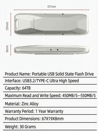 ⚡64TB Ultra-High-Speed ​​High-Capacity Portable Solid State Drive✅USB 3.2 + Type-C Dual Interfaces📱Compatible with Multiple Devices and Systems⚡4K Video Transfer Speeds Up to 550MB/s, German Imported Zinc Alloy Shell, Waterproof and Shockproof