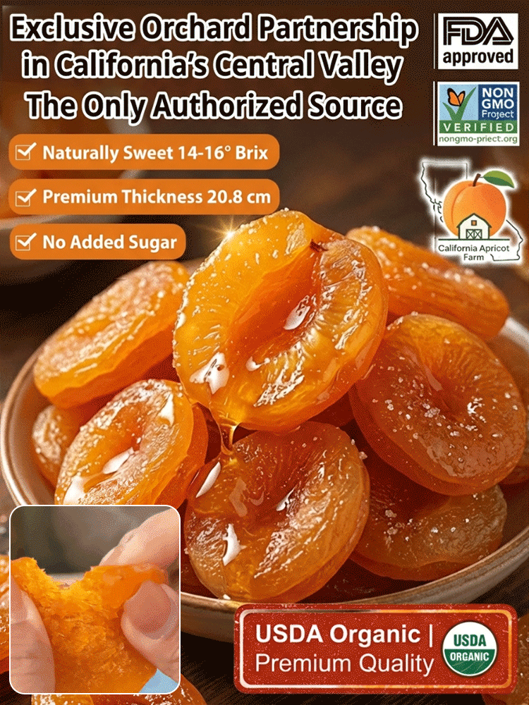 Seedless golden apricots from California's Central Valley are a pure, natural, healthy, and organic food, rich in nutrients and offering 13 major health benefits. The flesh is thick and has a sweet and sour taste.