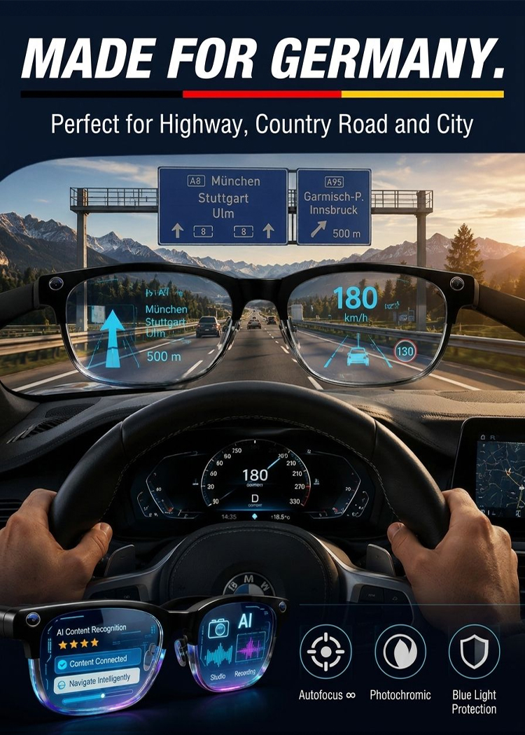 Titanium AI Smart Glasses 4K Ultra-HD Adaptive Autofokus, Photochromic UV400 & AR Navigation