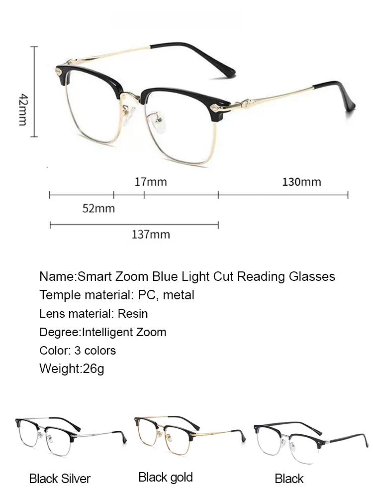 German smart zoom reading glasses, no prescription required, suitable for presbyopia and nearsightedness, no need to remove, for both near and far vision, with blue light protection.