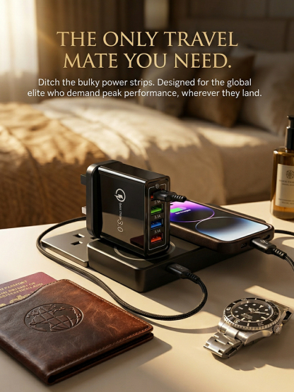 No more fighting for hotel outlets! 🔌 Heading on a city getaway or family vacation? Keep everyone's devices at 100% with our outstanding four-port travel charger! 📱🎧