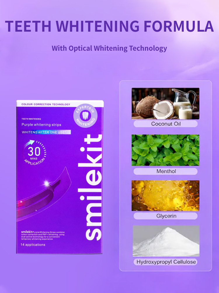 Purple teeth whitening strips, effectively whitens teeth in 3 days with light-based whitening technology, medical-grade cold light whitening, powerfully removes tea, tobacco, and coffee stains.