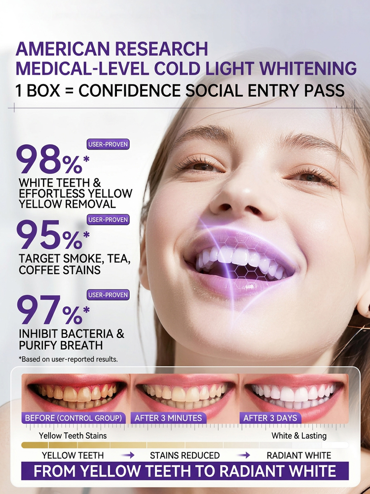 Purple teeth whitening strips, effectively whitens teeth in 3 days with light-based whitening technology, medical-grade cold light whitening, powerfully removes tea, tobacco, and coffee stains.