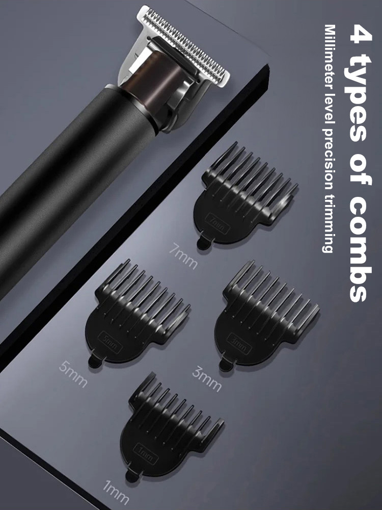 【Electric Sculpting Hair Clipper】 Sharp, snag-free stainless steel T-shaped blades, 55dB quiet and scalp-friendly, with four tooth types for precise scissor cuts and notches. 2-hour fast charge for 120 minutes of battery life, and removable, washable head