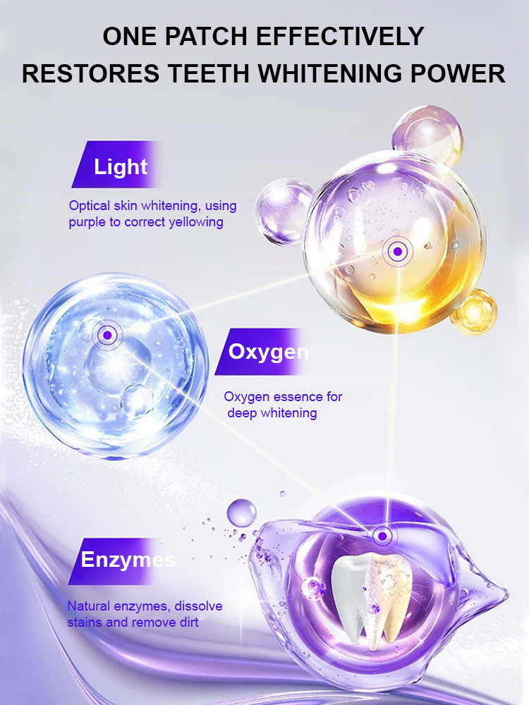 Purple teeth whitening strips, effectively whitens teeth in 3 days with light-based whitening technology, medical-grade cold light whitening, powerfully removes tea, tobacco, and coffee stains.