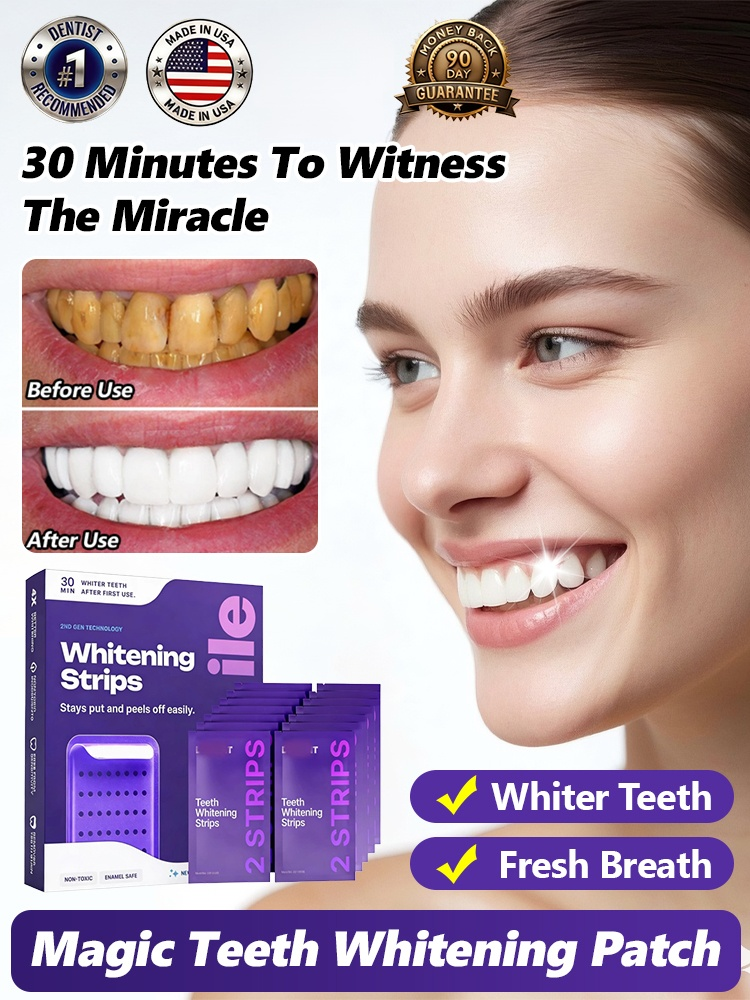 American dentists have developed second-generation purple-toned teeth whitening strips that whiten teeth in 30 minutes, remove 99% of stains in 7 days, are free of hydrogen peroxide and cause zero sensitivity, and are enamel-friendly.